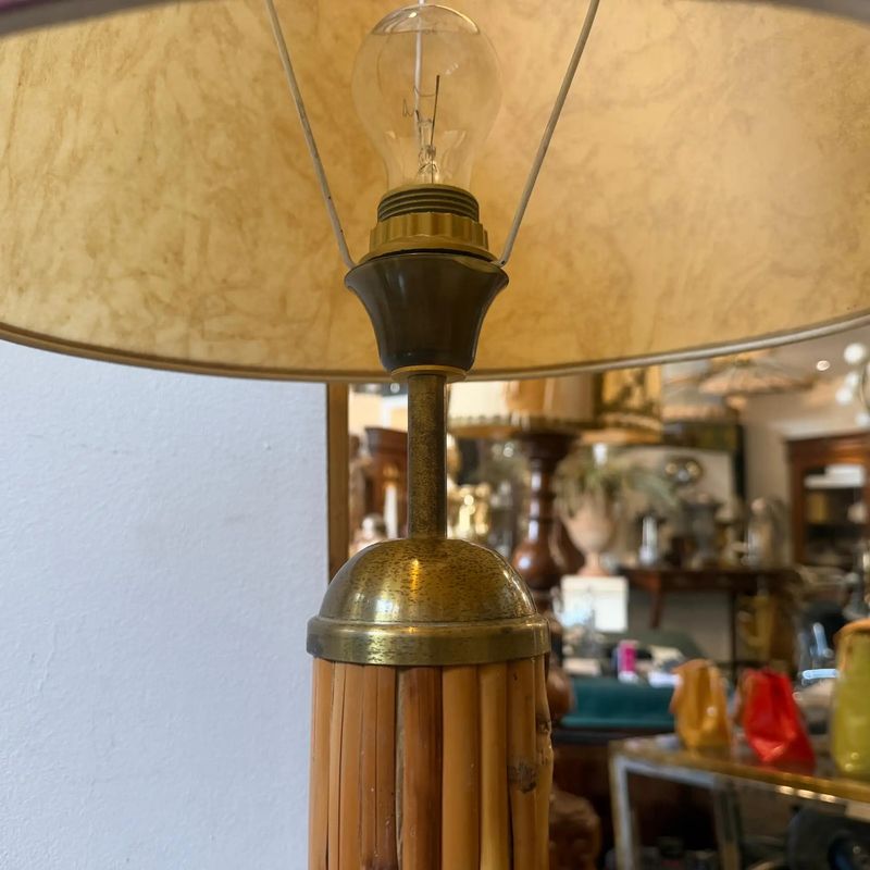 A 1970 Mid-Century Modern Gilt Metal and Bamboo Italian Table Lamp