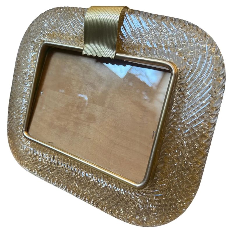 1990s Barovier Style Art Deco Clear and Gold Murano Glass Picture Frame