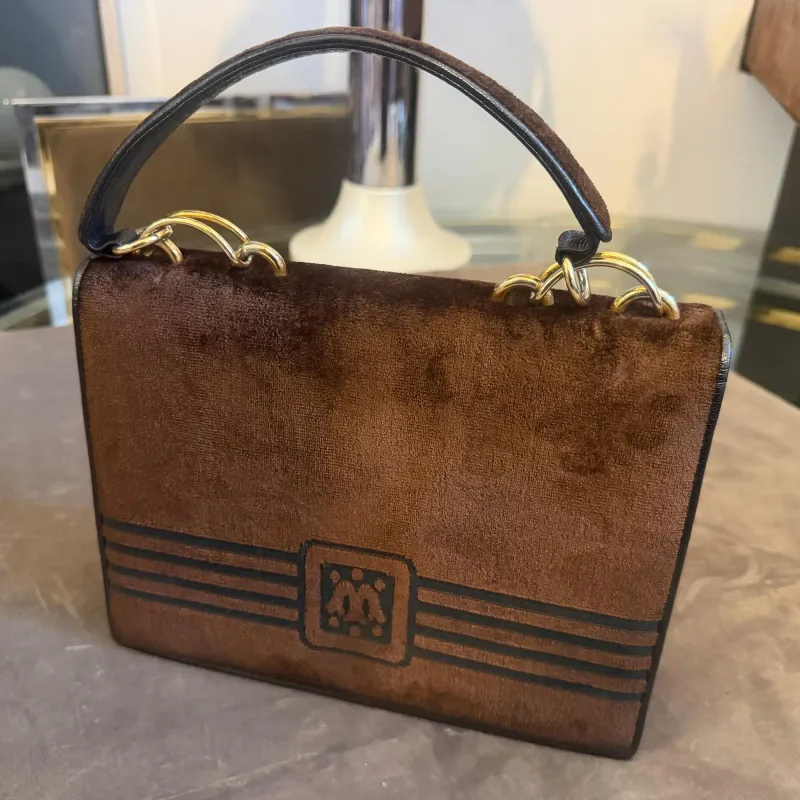 1980s Modern Brown Velvet and Leather Italian Hand-bag by Morando