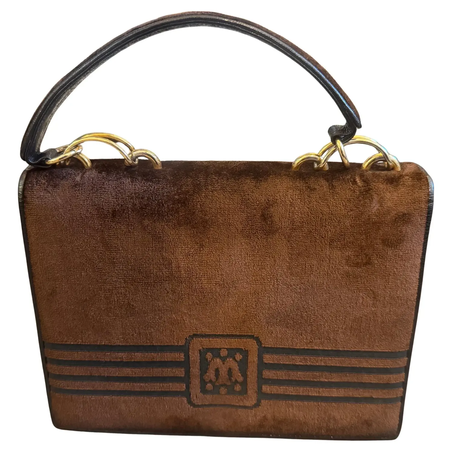 1980s Modern Brown Velvet and Leather Italian Hand-bag by Morando