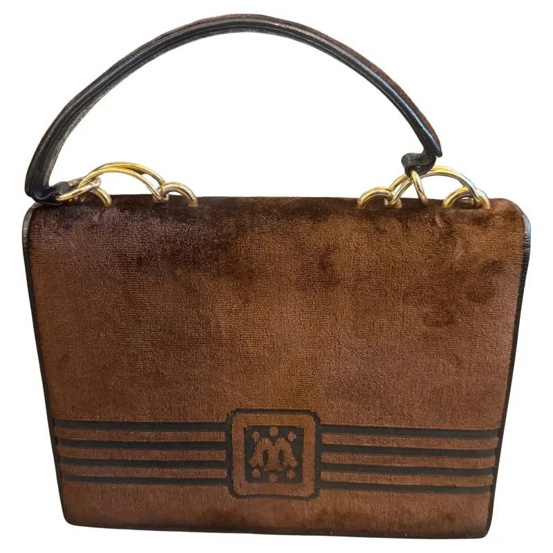 1980s Modern Brown Velvet and Leather Italian Hand-bag by Morando