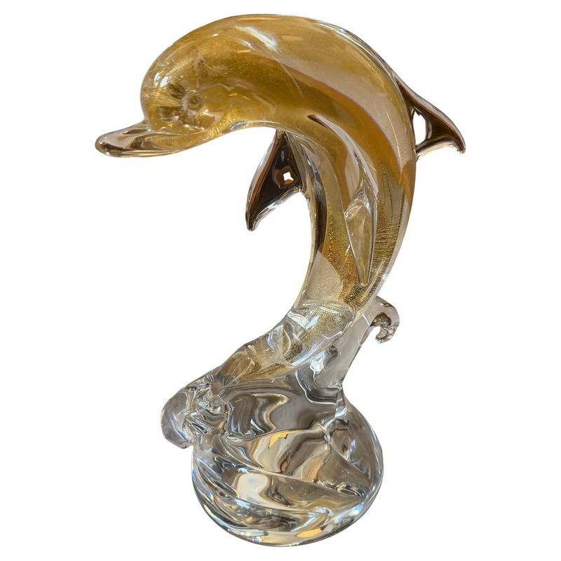 1990s Barovier Style Modern White and Gold Murano Glass Dolphin