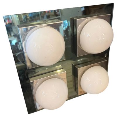 A 1970s Space Age Square Chromed Metal and Glass Italian ceiling Light by Veca