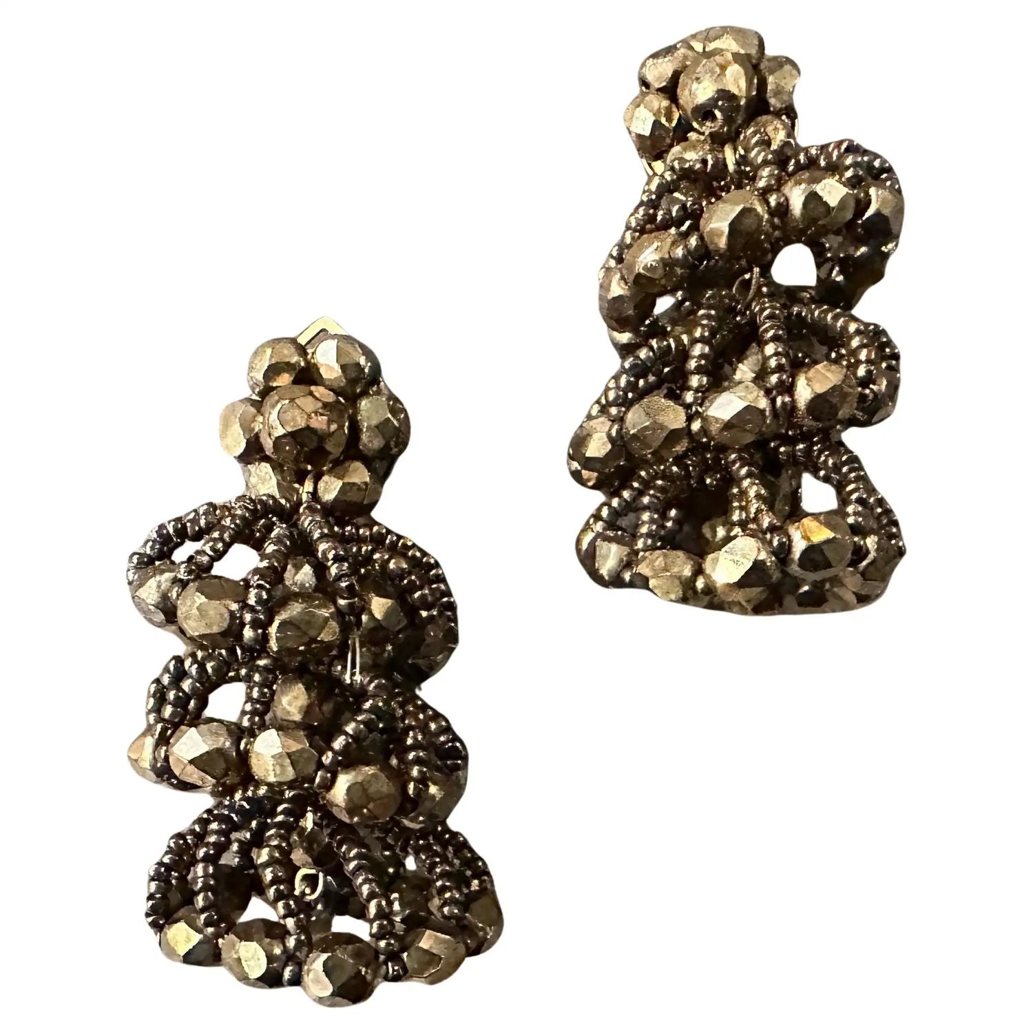 1960s Costume Jewelry Gilt Metal and Beads Italian Clip-On Earrings 1960s Costume Jewelry Gilt Metal and Beads Italian Clip-On Earrings