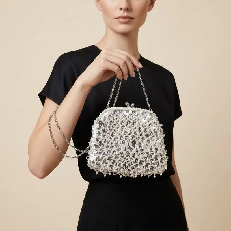 1950s Retro Silver Silk, and White Beads Hand-Crafted Italian Evening Bag