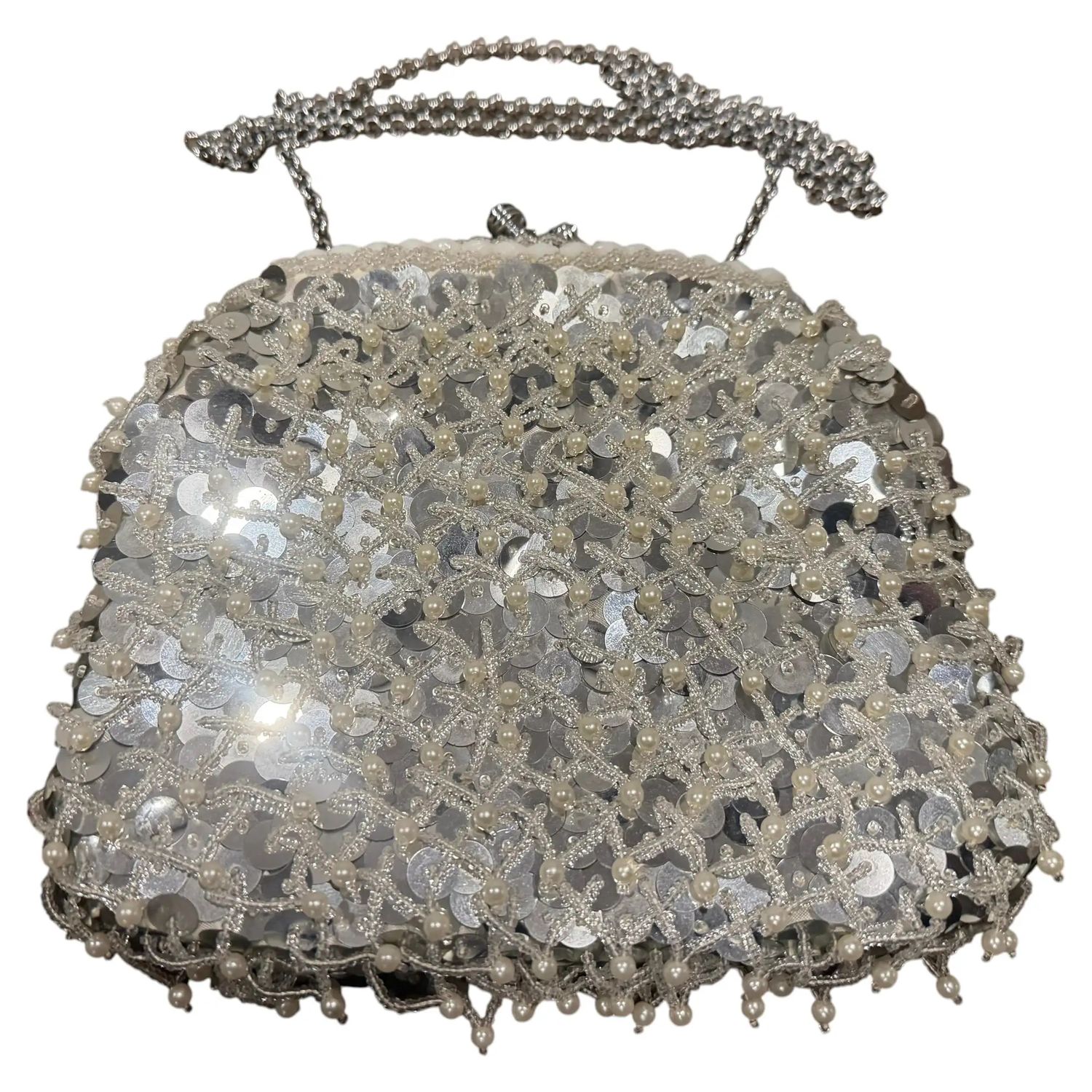 1950s Retro Silver Silk, and White Beads Hand-Crafted Italian Evening Bag 1950s Retro Silver Silk, and White Beads Hand-Crafted Italian Evening Bag