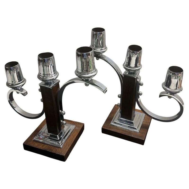 A Pair of 1940s Art Deco Fruit Wood and Chromed Metal French Candelabras