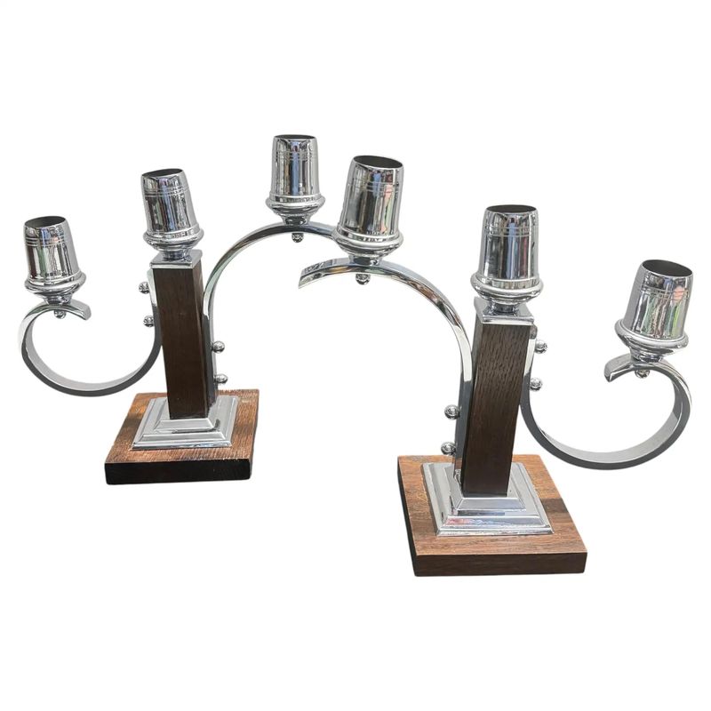 A Pair of 1940s Art Deco Fruit Wood and Chromed Metal French Candelabras