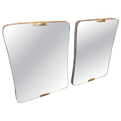 Two 1940s Gio Ponti Style Art Deco Brass and Wood Biscuit Shaped Wall Mirrors
