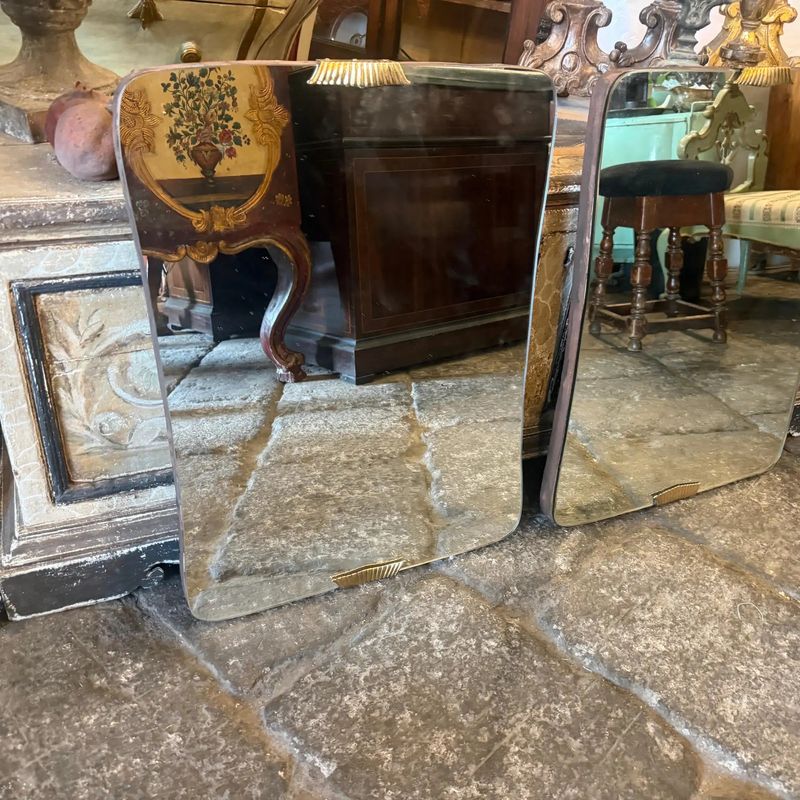 Two 1940s Gio Ponti Style Art Deco Brass and Wood Biscuit Shaped Wall Mirrors