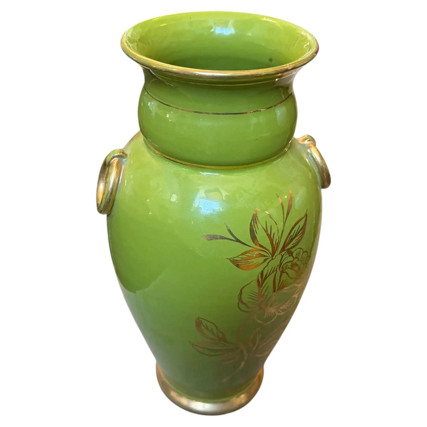 1950s Mid-Century Modern Apple Green and Gold Ceramic Vase from Sesto Fiorentino