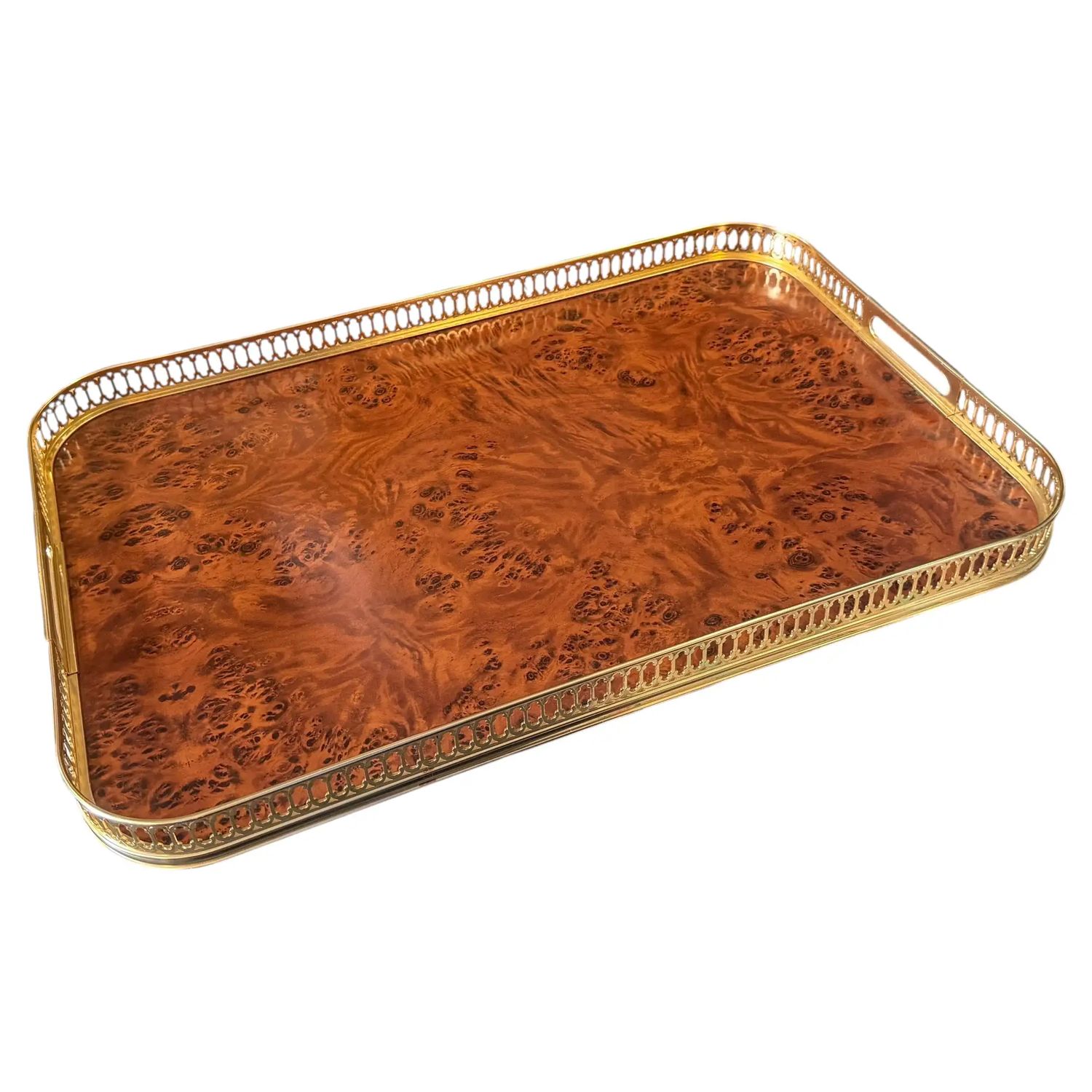 1980s Victorian Style Faux Walnut Root Formica and Brass Tray by MB Italy