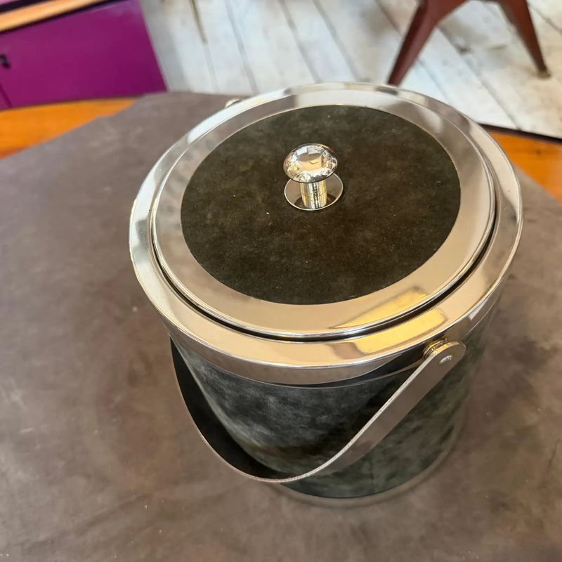 1970s Mid-Century Modern Metal and Green Moleskin Ice Bucket Glacette by Lidian