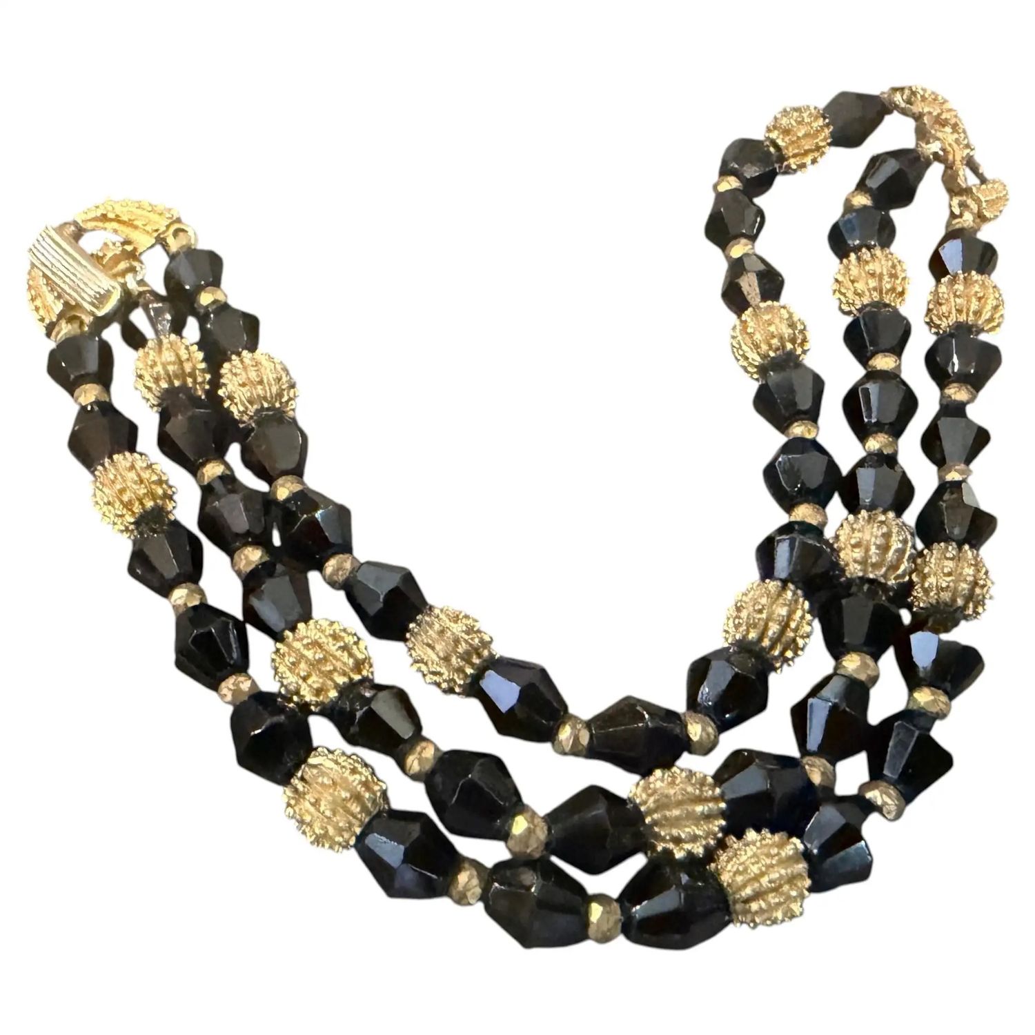 1980s Art Deco Style Black Cristal and Brass Multi Strand Bracelet by Trifari 1980s Art Deco Style Black Cristal and Brass Multi Strand Bracelet by Trifari