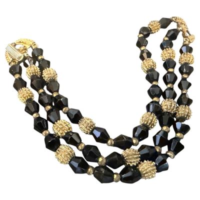 1980s Art Deco Style Black Cristal and Brass Multi Strand Bracelet by Trifari
