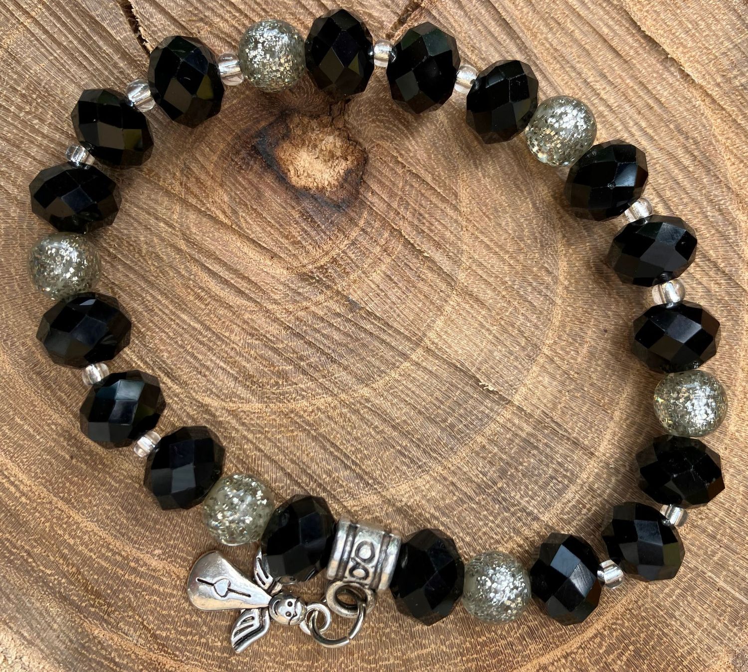Armband schwarz/silber Anhänger Engel
