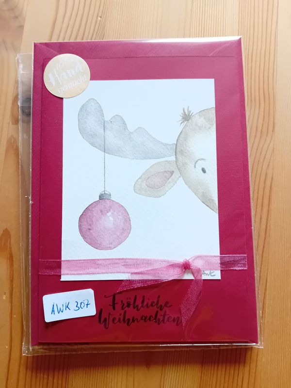 Grußkarte Elch mit Weihnachtskugel