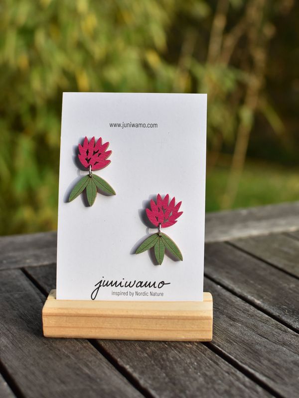 Hängeohrring Kleeblüte mit Blatt (klein), pink und grün Hängeohrring Kleeblüte mit Blatt (klein), pink und grün