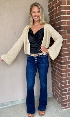 Bell Sleeve Three Button Cropped Sweater, Natural