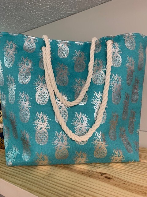 Teal Beach Bag with Silver Foil Pineapple