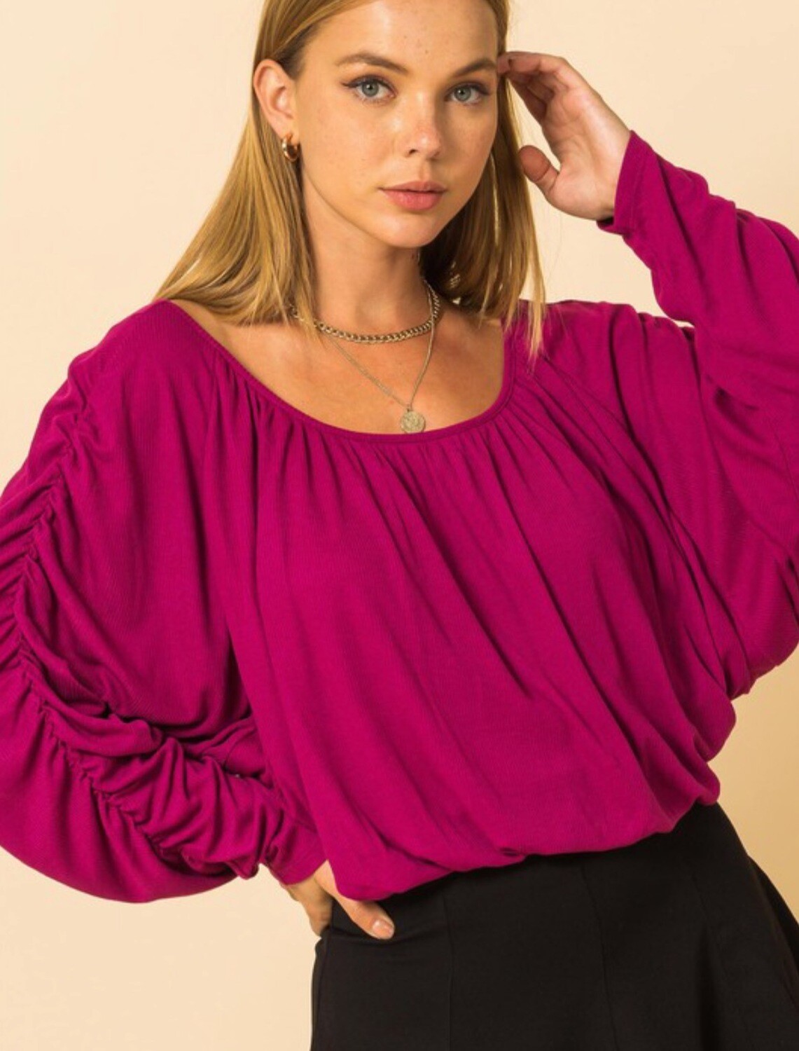 Magenta Gathered Sleeve Cropped Top 