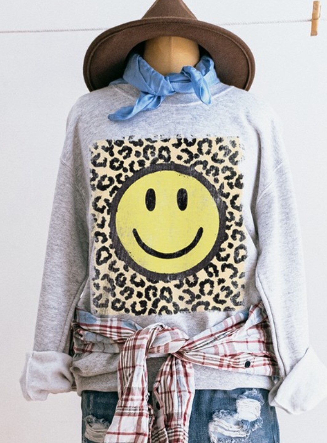 Leopard Smiley Face Sweatshirt, Grey