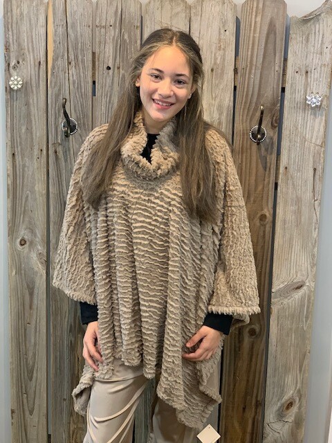 Faux Fur High Neck Poncho, Taupe