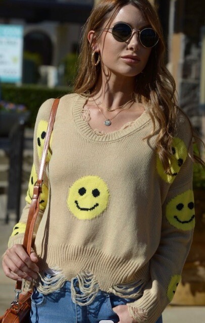 Shredded Smiley Sweater, Khaki