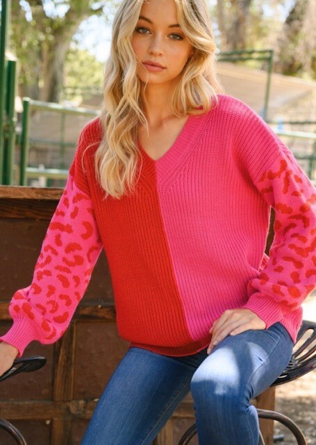 Hot Pink\Red Sweater, Leopard Sleeve