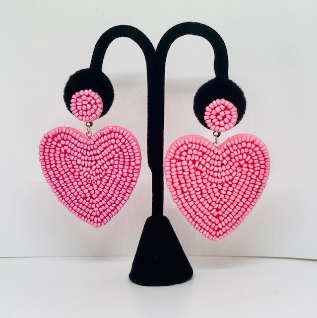 Beaded Heart Earrings (Pink)