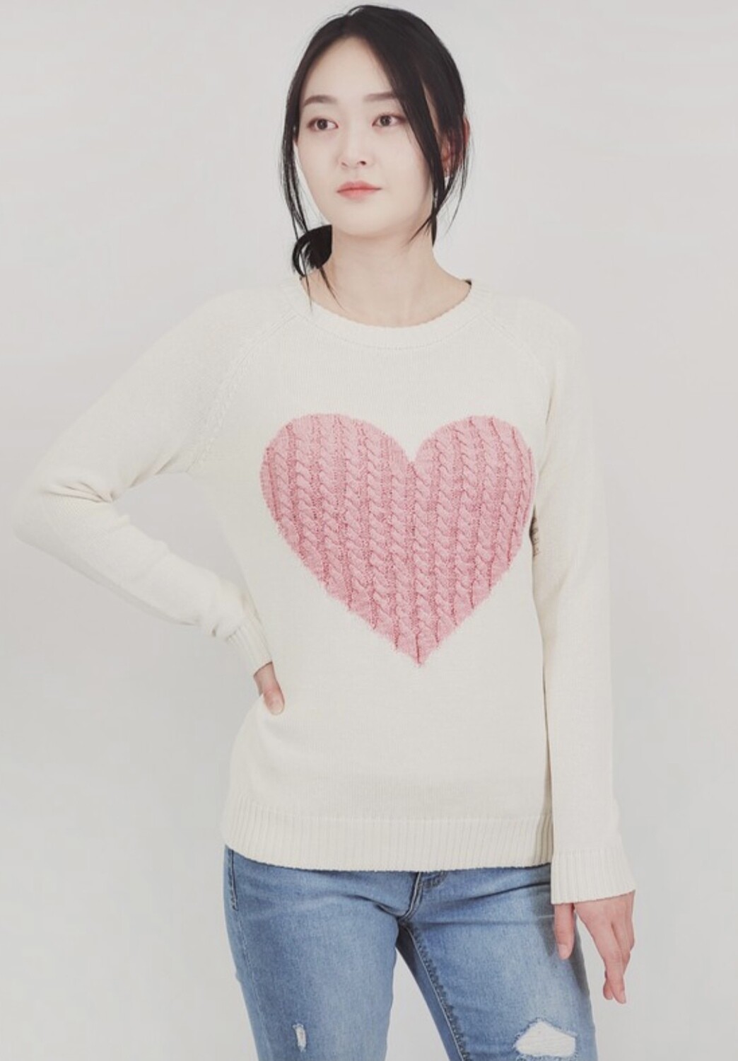 Pink Hearts Sweater, Oatmeal