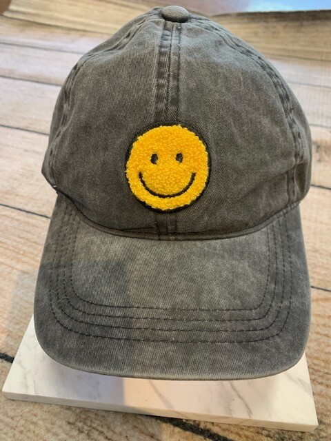 Smiley Face Adjustable Baseball Hat, Black/Yellow