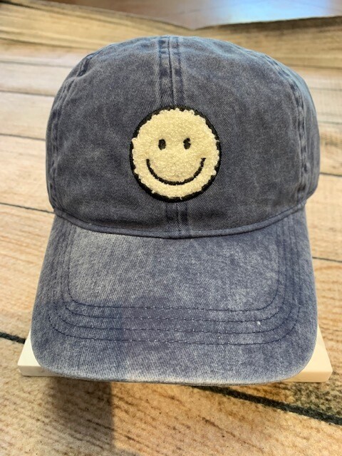 Smiley Face Adjustable Baseball Hat, Navy/White