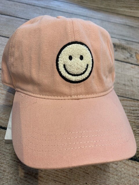 Smiley Face Adjustable Baseball Hat, Pink/White