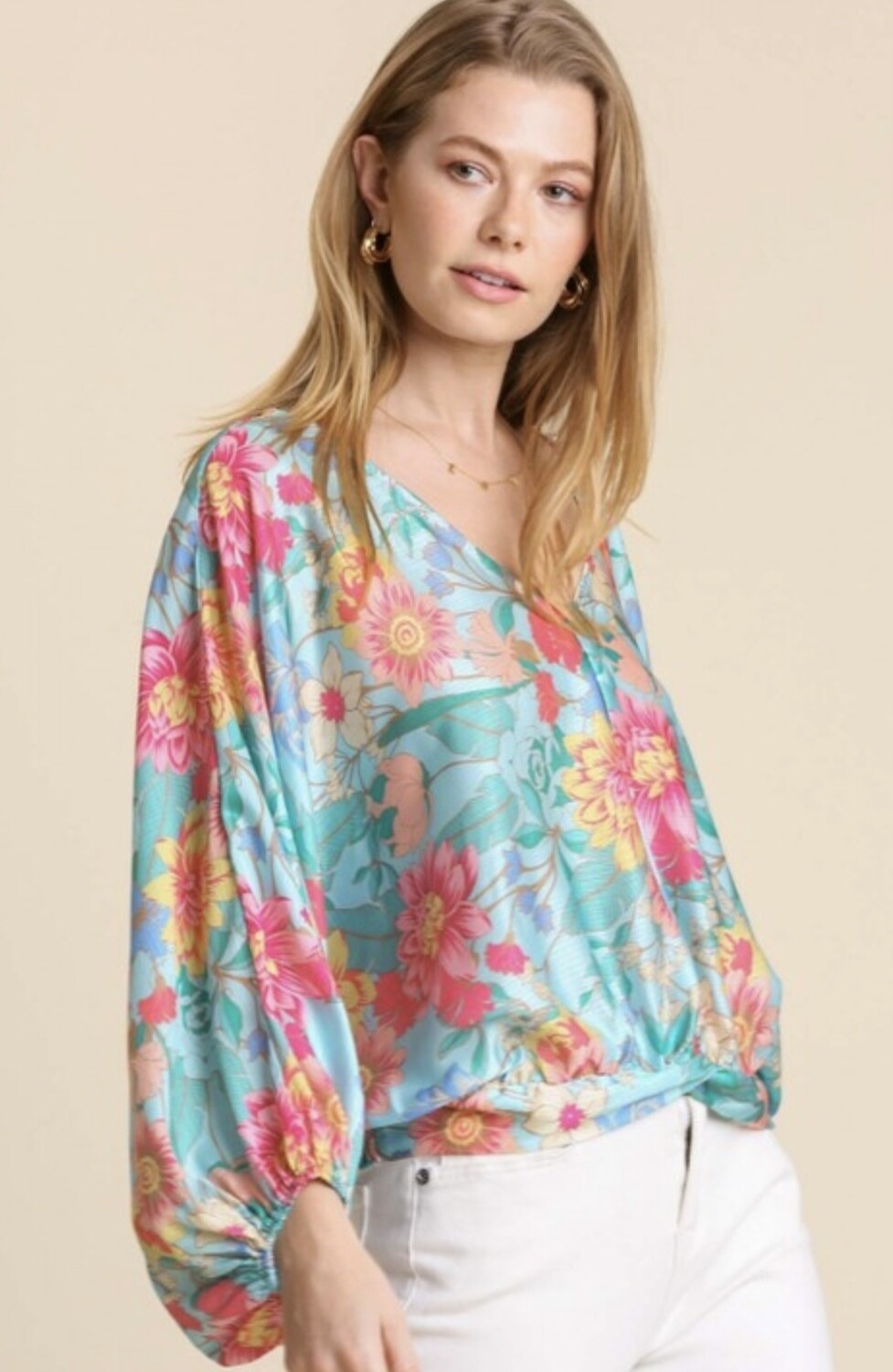 Puff Sleeve V Neck Top, Mint Floral