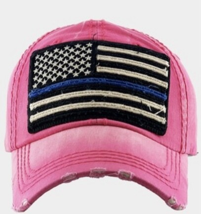 Vintage Blue Line Flag Baseball Hat, Hot Pink