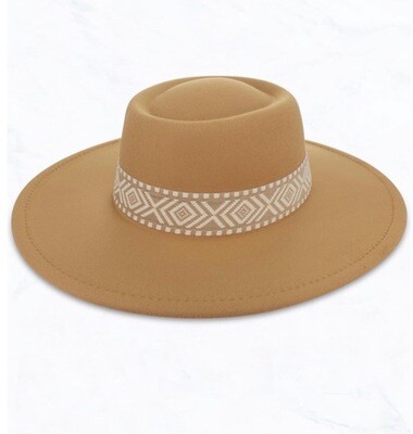 Wide Brim Concave Top Hat with Interchangeable Band, Camel