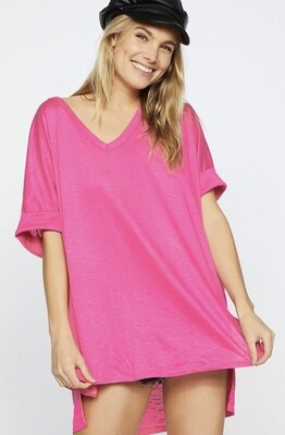 V Neck Top with Rolled Sleeves, Fuchsia