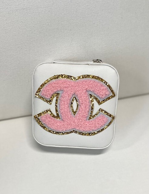 KL Zippered Jewelry Travel Box, White with Pink CC Letters