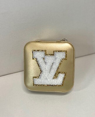 KL Zippered Jewelry Travel Box, Gold with White LV Letters