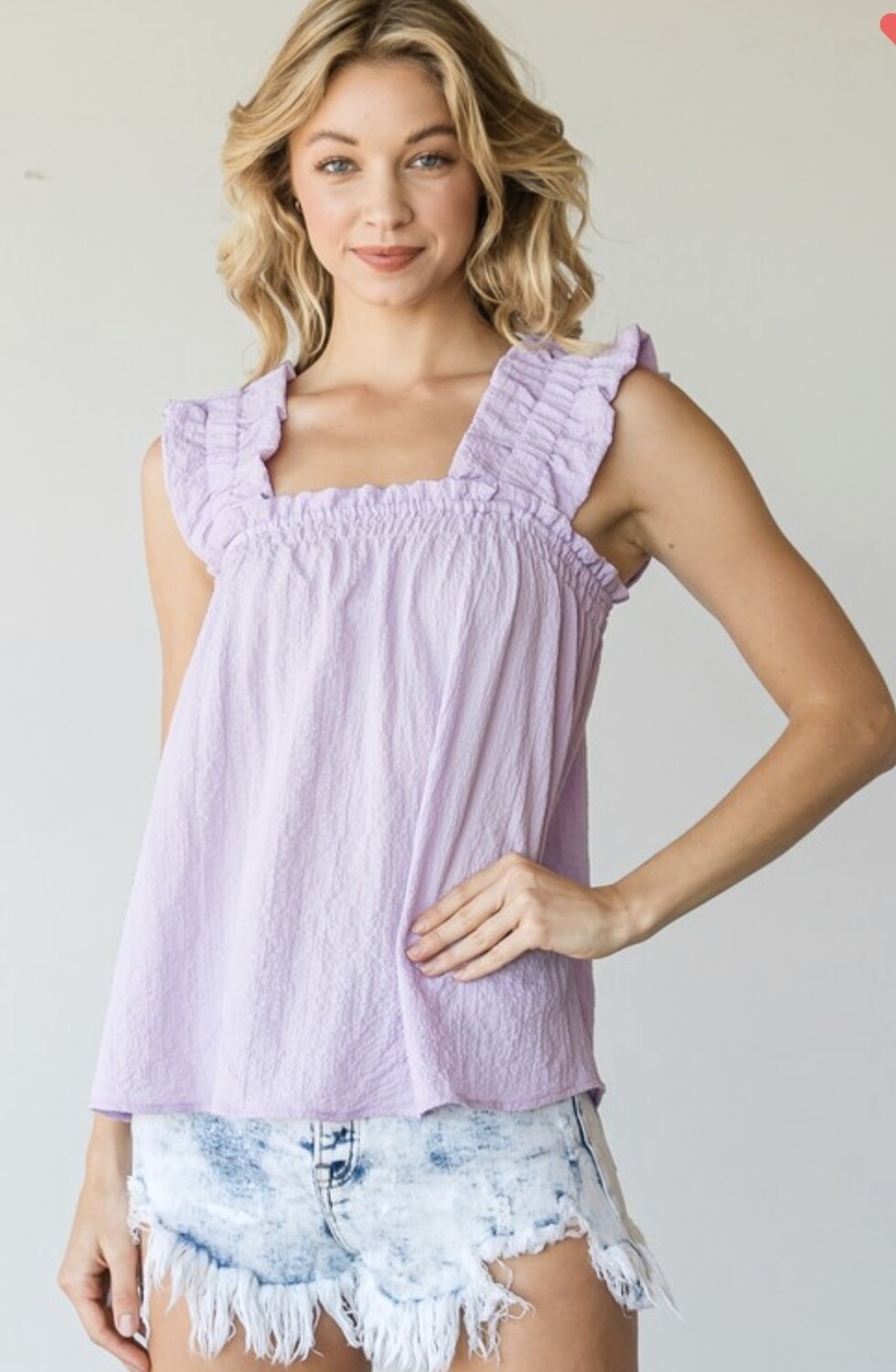 Elastic Ruffle Strap Top, Lavender