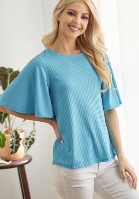 Ribbed Top with Flare Sleeve, Turquoise