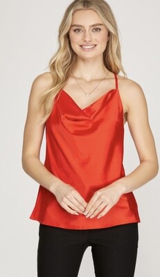 Cowl Neck Satin Cami, Red