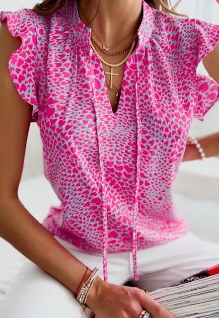 Print Ruffle Sleeve Top, Hot Pink