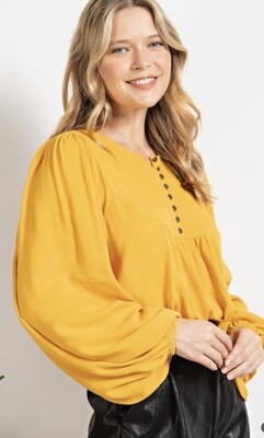 Top Button Loose Fit Top, Mustard