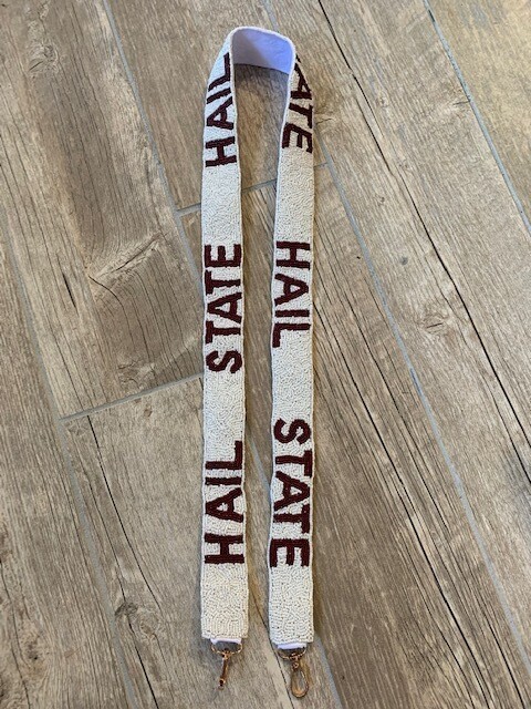 Beaded Purse Strap Hail State, White with Maroon Lettering