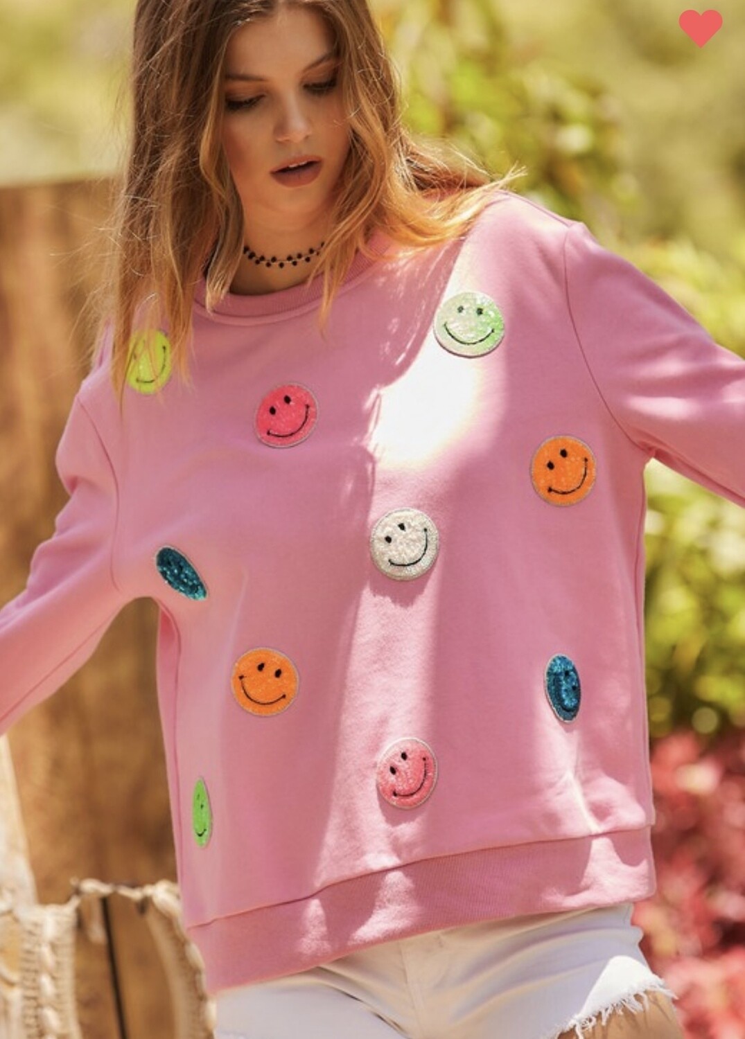 Happy Face Patch Sweater, Pink