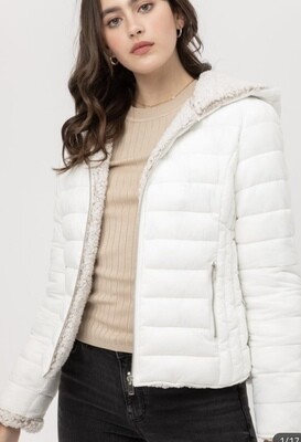 Reversible Puffer Jacket, White with Creamy Sherpa
