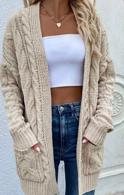 Cable Knit Sweater Cardigan, Taupe