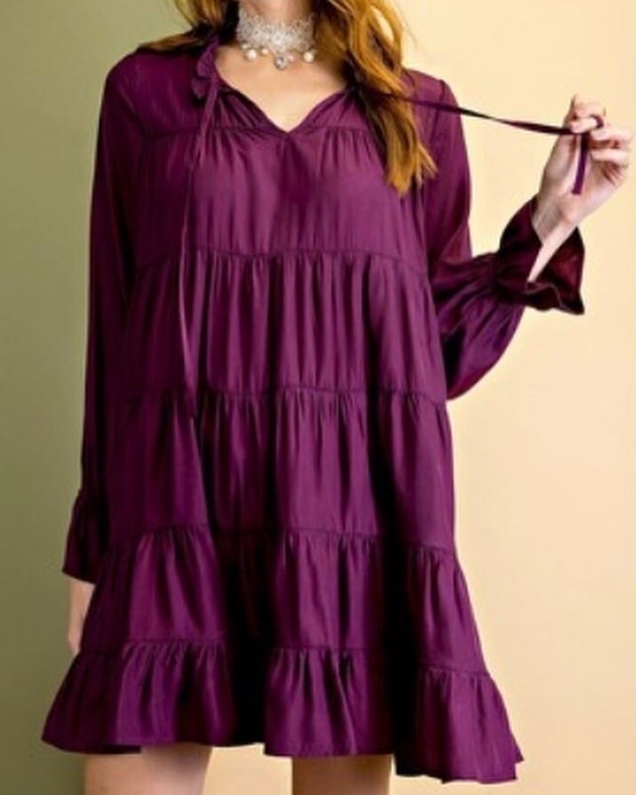 Satin Tiered Dress, Deep Plum